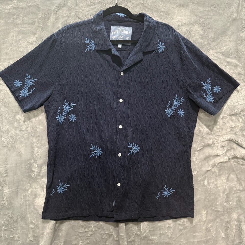 Free Planet Seersucker Shirt Mens XL Navy Embroidered Shirt Sleeve Button Up